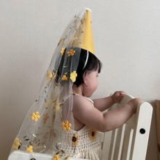 라라빈파티 생일 머리띠 축하 파티 꽃 베일 꼬깔 모자 면사포고깔 인생네컷 용품, 꽃베일 꼬깔-노랑