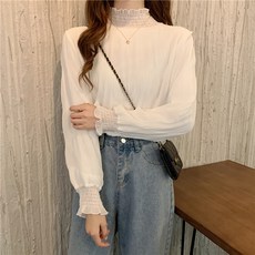뚱뚱한 MM 안감 기모 셔츠 반하이넥 느낌 시폰 여성 빅 사이즈-56339