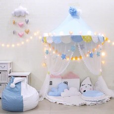 북유럽 공주방 커튼 침대 캐노피 아기 모기장 침대 머리장식 휘장 선물, L.모기장,구름, 램프 세트