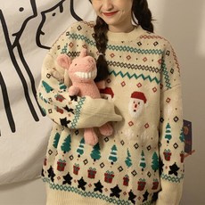다온 XJEEWJ0F 여성 크리스마스 라운드넥 니트 스웨터 겨울가을