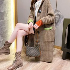 아이유가디건 손예진가디건 여성 가을 겨울 후드 루즈핏 배색 니트 롱 버튼 가디건