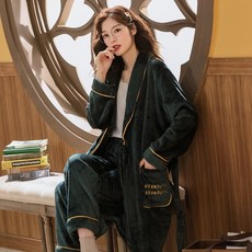 커플 남자 겨울 가을 계절 두꺼운 보온 목욕 롱 실내복 홈웨어 잠옷바지 AZ, XXL, 다크그린 파인 이니셜 자수 여성 두루