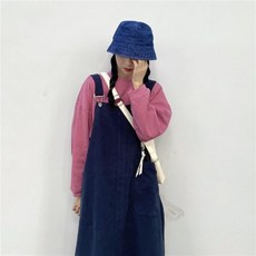 서스팬더원피스 오버롤원피스 멜빵원피스 벚꽃 린넨 콩 사이드 포켓 장식 이너 긴팔 얇은 맨투맨