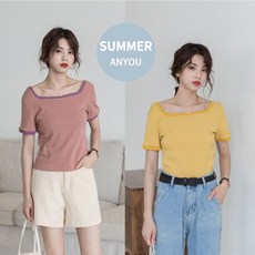 ANYOU 여름 여성 반팔티 줄무늬 여성반팔티 크롭티 슬림핏 여성니트티