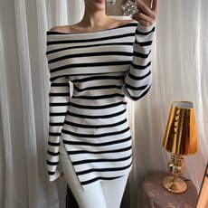 아이보리제이 여리한 스트라이프 오프숄더니트