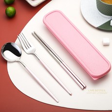 지비엘 휴대용 가정용 도시락 캠핑 수저세트 4P (케이스+스푼+젓가락+포크), 실버, 핑크, 1개