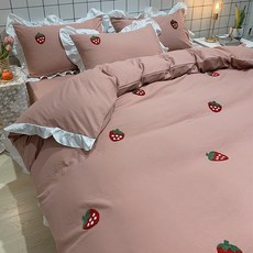 상세페이지 참조 워싱 면 4피스 소녀 심공주 침대 시트 이불 커버 침구 ins 기숙사 3-43852, 04.팥딸기[타월자수공예]