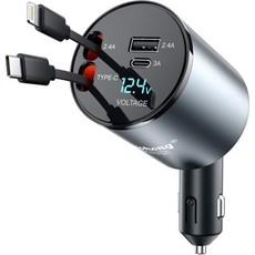 리트랙터블 자동차 충전기 업그레이드된 120W 4 in 1 초고속 충전 전화 케이블 및 USB 포트 2개 아이폰용 어댑터 15141312 Pro Max XR iPad Samsu, Grey