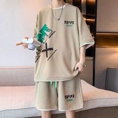 오버핏 여름 와플 반팔 반바지 트레이닝 세트 캐주얼 학생룩 프린트 운동복 상하세트