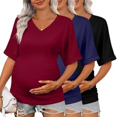 Ficerd 3팩 여성용 임산부 셔츠 브이넥 반소매 사이드 주름 장식 임산부 티 탑 캐주얼 튜닉 블라우스 엄마 의류 아미 그린 라이트 그레이 블랙