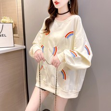 여자가을패션 유행 긴 소매 여성의류 하프기장 무지개 색상 자수 라운드넥