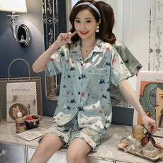 여름 반팔 잠옷세트 파자마 여자 냉장고 투피스 사랑스런 고양이 메쉬폭발 실크 춘추 실내복