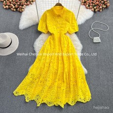 Ogfaour레이스 카라 우아한 롱원피스 아일렛 펀칭 자수 단정한 데일리 여름 여성 반팔 셔링 원피스, 옐로우