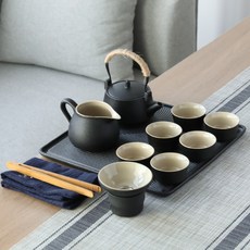 전통 찻잔 가정용 일본식 간단한 세라믹 검은 도자기 다도 세트 귀한 손님 대접, 세라믹 티 트레이가있는 핸들 포트 12 개 개