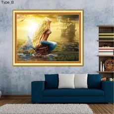 푸아이 3D 보석십자수 인어공주 50x75 DIY 집들이 선물 인테리어 소품(사이즈 2종)+행운십자수(30x30)PW231, Type_B 50*75cm
