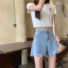 미래물 여름 레드 하이웨이스트 슬림 핏 와이드 반바지 연청 여학생 바지ZZW