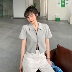 폴로 카라 지퍼 반팔 크롭 가디건 여성여름트레이닝세트