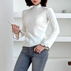 뷰티 프릴 하이넥 여성용 반폴라 니트티 가을 겨울
