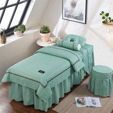 마사지침대 메이크업샵침대 커버 홀형 4종 세트 스툴+침대+이불+베게, 민트