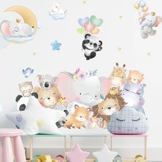 북유럽 만화 동물 벽 스티커 장식 벽지 코끼리 팬더 기린, 26.001