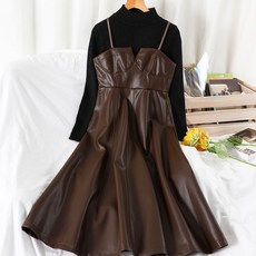 이너니트티 U940 홍콩무드 CHIC 겨울 가을 타입 빈티지가죽 끈나시 슬립 커버 여성, 커피 L