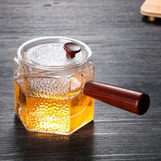 나무 손잡이 내열유리 티포트 우드 핸들 차주전자 티포트 세트, 550ml 망치무늬 찻주전자