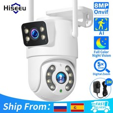 Hiseeu 와이파이 감시 듀얼 4X 디지털 AI 인간 ONVIF 무선 야외 보안 PTZ IP 4K 8MP, 1)4MP NO SD Card EU 플러그