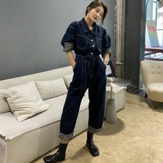 청슈트 여자바디프로필의상 레슬링복 럭키이 왼쪽 긴팔 데님 점프수트 가을 하이웨이스트 와이