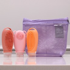 브러쉬 실리콘 고리 공병3개 망사 그물 파우치 S자 고리 수영장 소분 여행용 휴대용 튜브