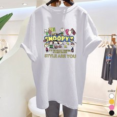 [오늘발송] 스타일아유 스누피 프린팅 면 오버핏 여성용 롱티 반팔티 빅사이즈 반팔 티셔츠 자체생산[AY6TS430A]