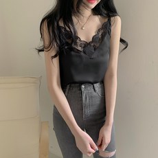 와이드 레이스 나시 여 실크 v넥 네트 레드 드레스 이너 톱