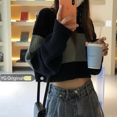 포린박스 루즈핏 스트라이프 캐주얼 크롭 니트 스웨터 SH