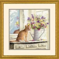 Dimensions 'Kitten in the Window' 카운트 십자수 키트 18개 화이트 아이다 천 30.5cm x 30.5cm(12인치 12인치) - 천십자수