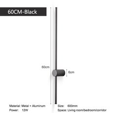 실내 360 ° 회전 LED 벽 램프 EU/US 플러그 스위치 침실 TV 배경 긴 스트립 블랙 구리 LED 벽 조명, 1개, 77) Black 60cm - Neutral Light