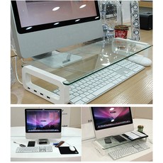 모니터받침대 업그레이드 imac국다용도 컴퓨터받침대 강화유리 높이추가 수납 필기노트 모니터 받침대 UBOARD, T01-화이트밴드 USB2.0확장