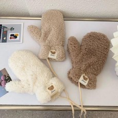여성 3컬러 귀여운 곰돌이 뽀글이 겨울 끈 벙어리장갑, 아이보리