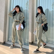 꾸안꾸 가을 겨울 면 기모 후드 집업 조거 팬츠 올인원 점프슈트