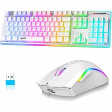 KUIYN 무선 키보드 마우스 콤보 충전식 RGB 풀 사이즈 푸딩 키캡 4800DPI 광학, WHITE