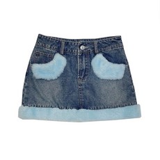chinapnp1MP15 청치마 00sbaby자체디자인 설계 가을 복고 스파이스걸 타입하이웨으트 볼륨 데님 짧은치마 털 반신 a라인스커트