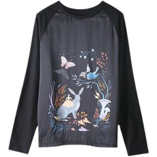 Women Black T Shirt Real Silk and Cotton O Neck Long Sleeves Print Spring A [A00078909]