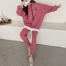 빅걸스토리 빅사이즈 여성 뽀빠이 레이어드 후드 트레이닝 캐주얼 상하의세트