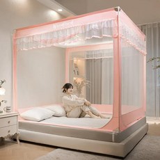 타프모기장 여름 메쉬 통기성 모기장 3 도어 지퍼 폐쇄 전체 바닥 침대 텐트 캐노피 브래킷 룸 장식, 14.Pink 200X220cm