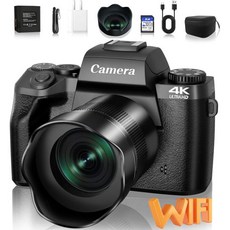 Saneen 사진용 사넨 디지털 카메라 4K 64MP WiFi 터치 스크린 블로깅 카메라 플래시 32GB SD 카드 렌즈 후드 3000mAH 배터리 전면 및 후면 ″ 대, 4K & 64MP-Black Saneen - 카메라