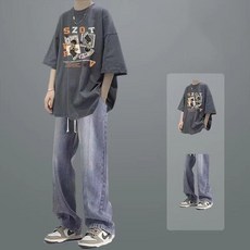 남성용 순면 반팔티+와이드 청바지 투피스 멋진룩 캐주얼 루즈핏 프린트 티셔츠 학생룩