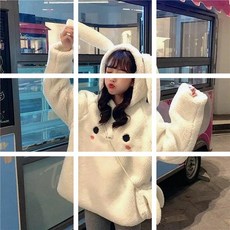 기모 티셔츠 후드티 토끼귀 맨투맨 귀여운 여성 가을 겨울 털 두꺼운 코트 AY20110914Z