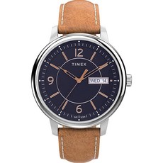 Timex 남성용 시카고 크로노그래프 45mm 시계 블랙 가죽 스트랩 포함 탠/블루/실버톤 클래식