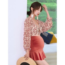 임산부 비치웨어 수영복 스파 바캉스 출산후 토플리스 스커트 롱 슬리브 3종 세트
