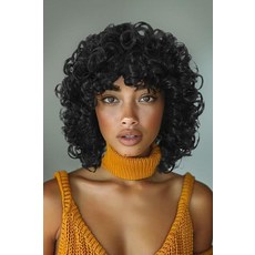 WIGNEE Short Curly Wig with Bangs 블랙 Woman Fluffy Loose Afro Natural Luster Wigs African American 여자