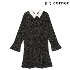 앳코너 블랙 폴리에스터 도트패턴 프릴 원피스 ATDR8B501 001 BK