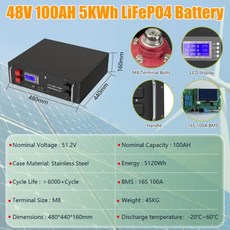 LiFePO4 48V 150Ah 배터리 팩 100Ah 200Ah 16S 51.2V 7.6KWh 에너지 저장 200A BMS RS485 캔 6000 + 사이클 최대 32 병렬, 1개